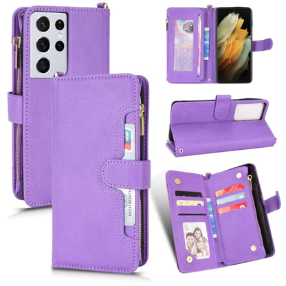Purple litchi-texture leather phone case with zipper, card slots, and flip stand