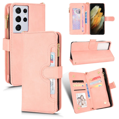 Pink litchi-texture leather zip wallet phone case with card slots and stand