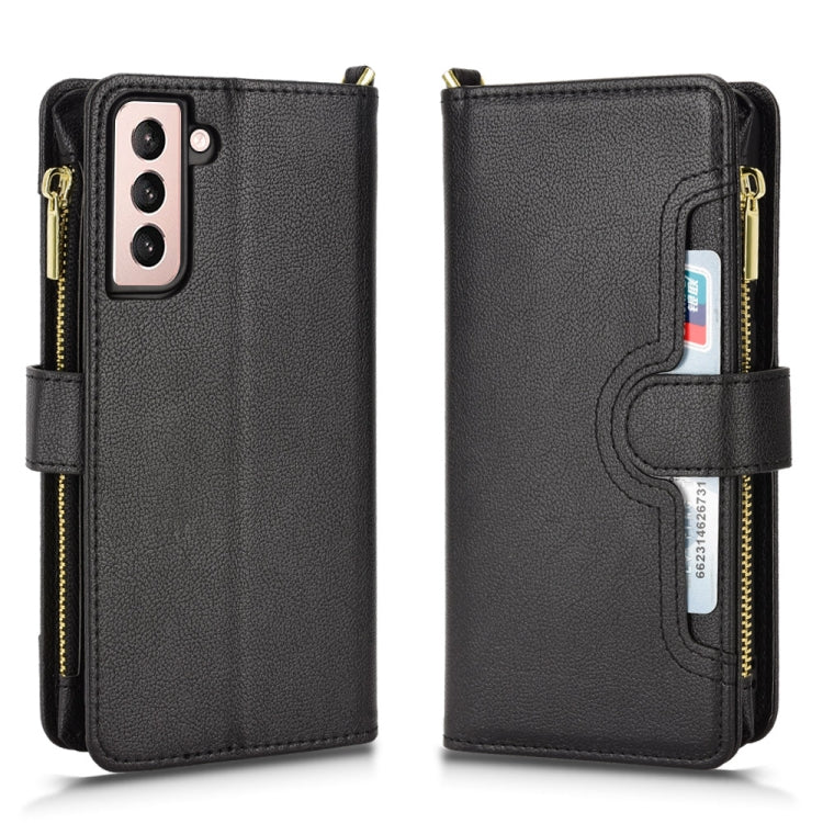 Black litchi-texture zipper leather phone case with phone cutout and card pocket