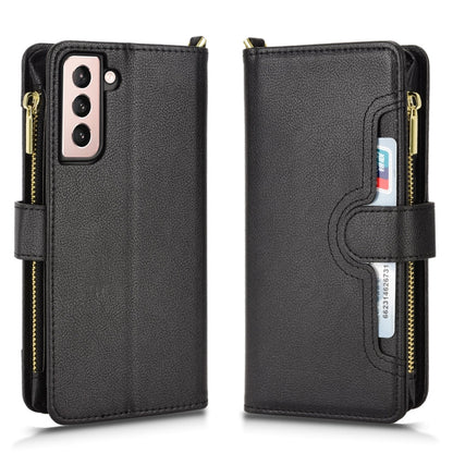 Black litchi-texture zipper leather phone case with phone cutout and card pocket