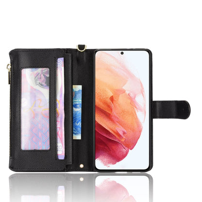 Black litchi-texture zipper leather phone case open, with card slots and screen window