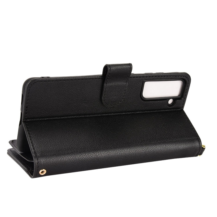 Black litchi-texture zipper leather phone case with flip kickstand and strap
