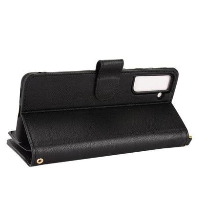Black litchi-texture zipper leather phone case with flip kickstand and strap