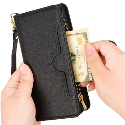 Black litchi-texture zipper leather phone case with inner cash pocket and zipper