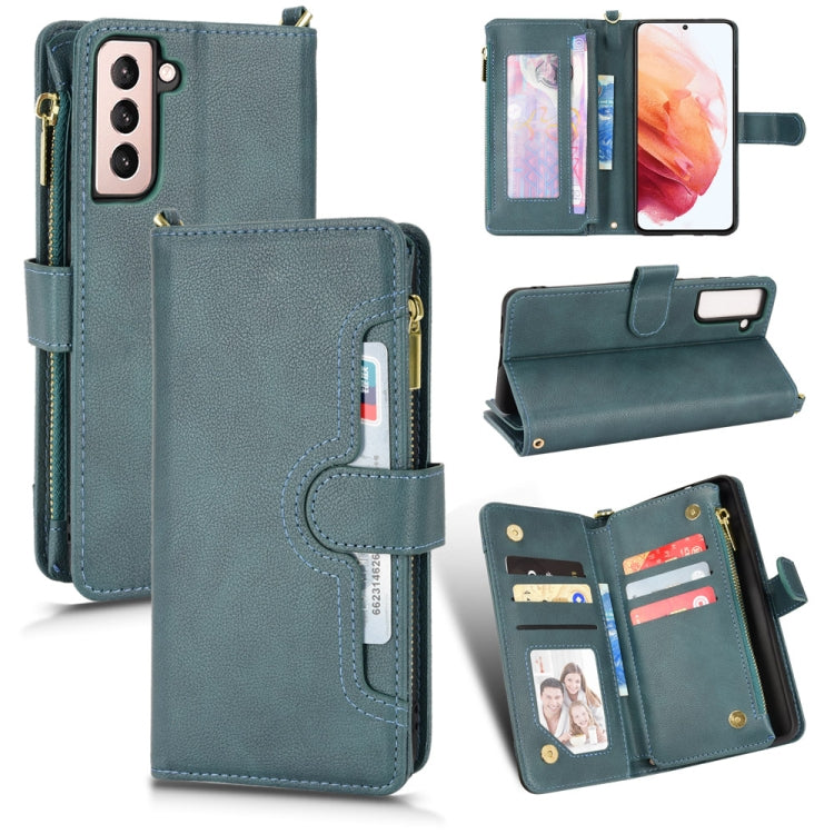 Teal litchi-texture zipper leather phone case with card slots and flip stand