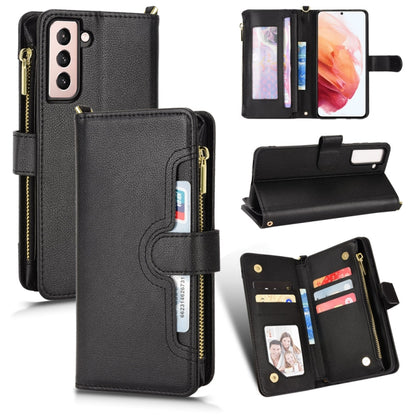Black leather phone wallet case with zipper, flip cover, and card slots