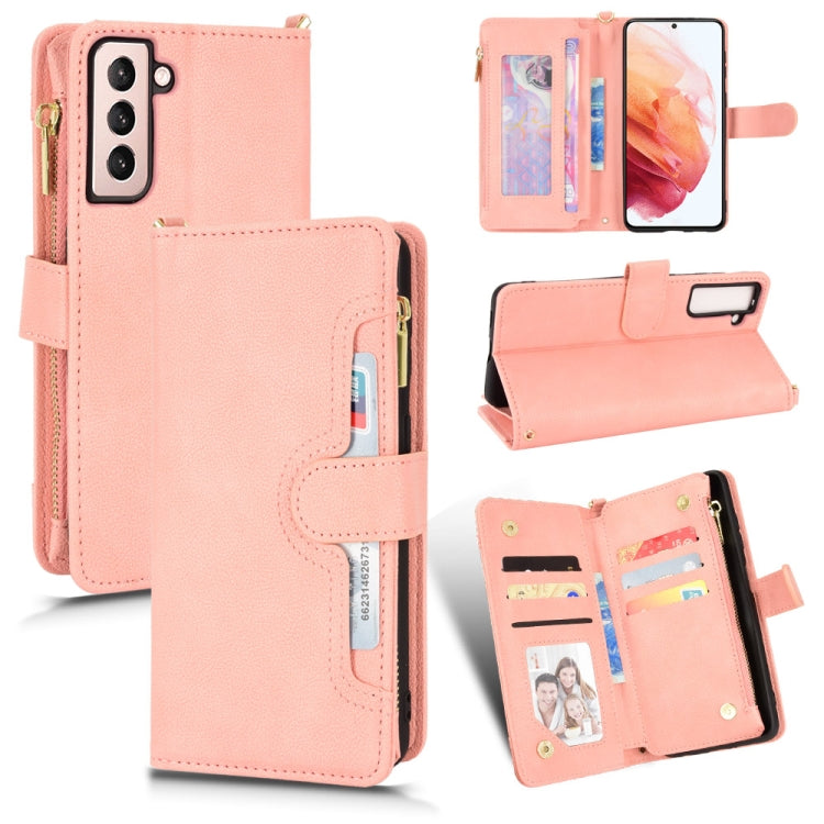 Pink leather phone wallet case with zipper, flip cover, and card slots