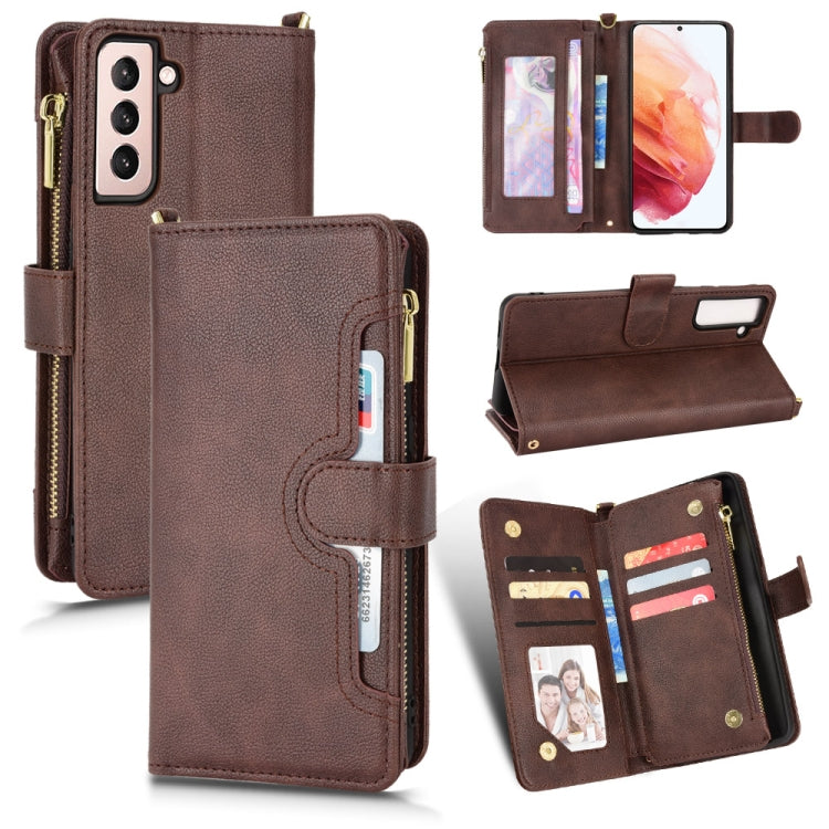 Brown litchi-texture leather zipper folio phone case with card slots and stand