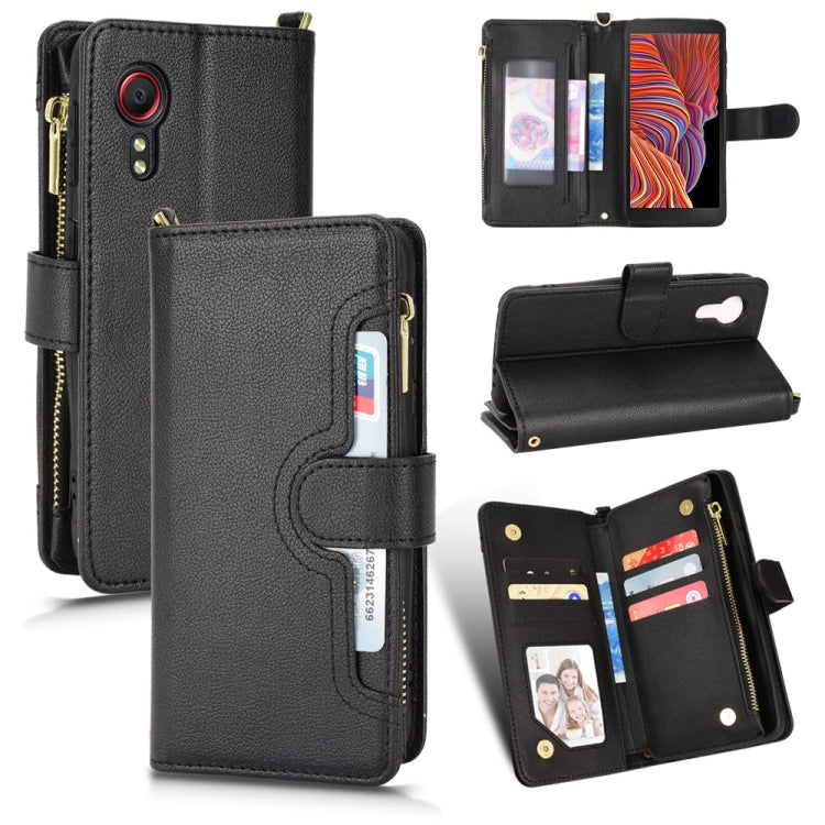 Black leather phone wallet case with zipper, flip cover, and card slots