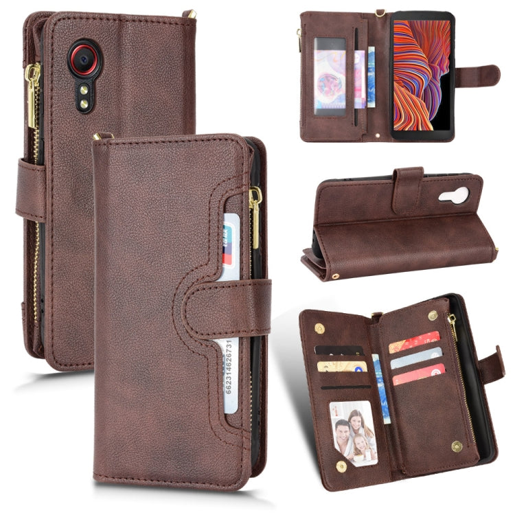 Brown leather phone wallet case with zipper, flip cover, and card slots