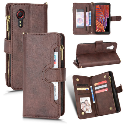 Brown leather phone wallet case with zipper, flip cover, and card slots