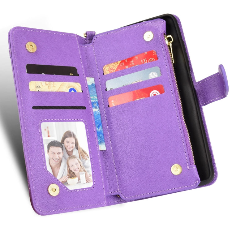 Purple leather phone wallet case interior with card slots and snap closure