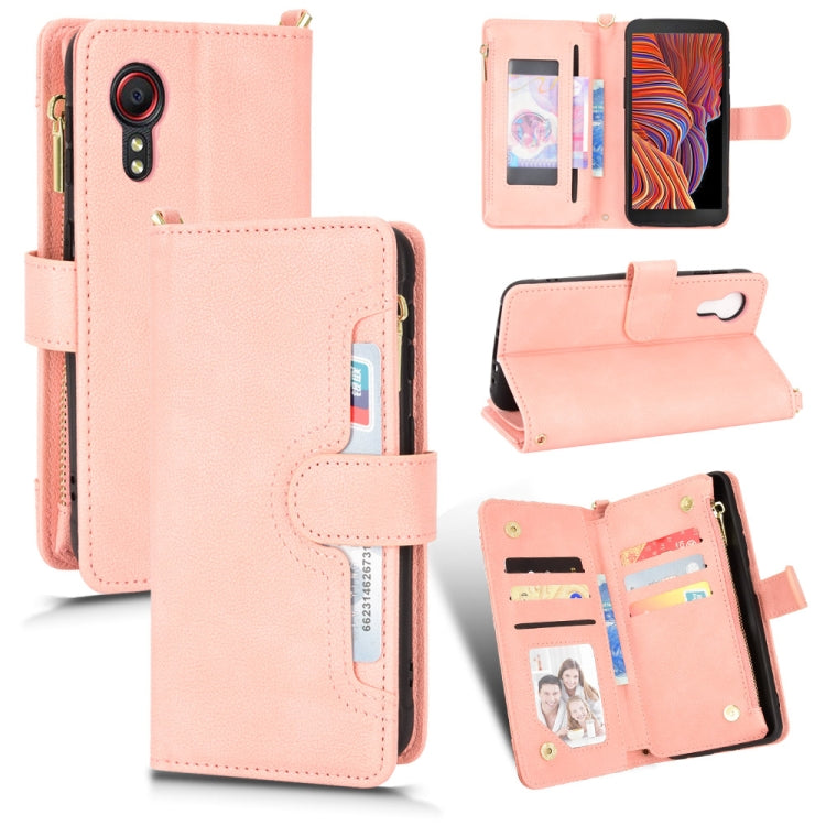Pink litchi-texture leather zipper folio phone case with card slots and stand