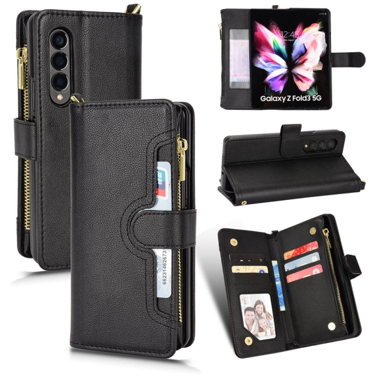 Black litchi-texture leather zipper folio phone case with card slots and stand