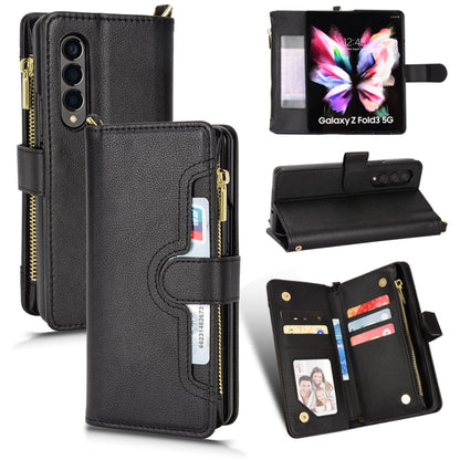 Black litchi-texture leather zipper folio phone case with card slots and stand