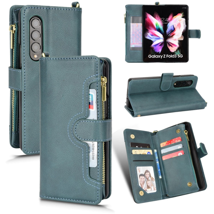 Teal litchi-texture leather zipper folio phone case with card slots and stand