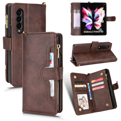 Brown litchi-texture leather zipper folio phone case with card slots and stand