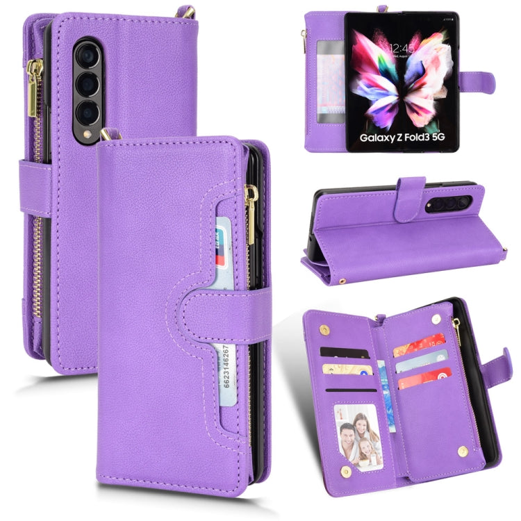 Purple litchi-texture leather zipper folio phone case with card slots and stand
