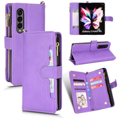 Purple litchi-texture leather zipper folio phone case with card slots and stand