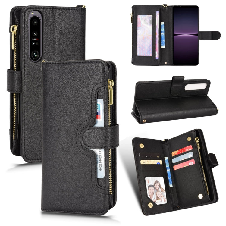 Black litchi-textured zipper leather phone wallet case with card slots