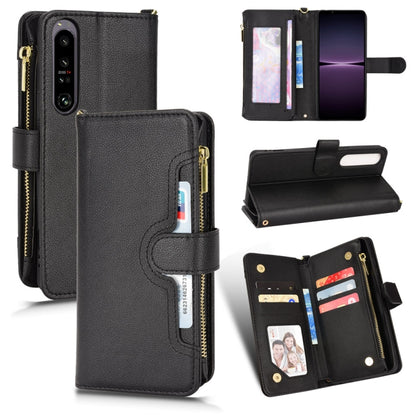 Black litchi-textured zipper leather phone wallet case with card slots