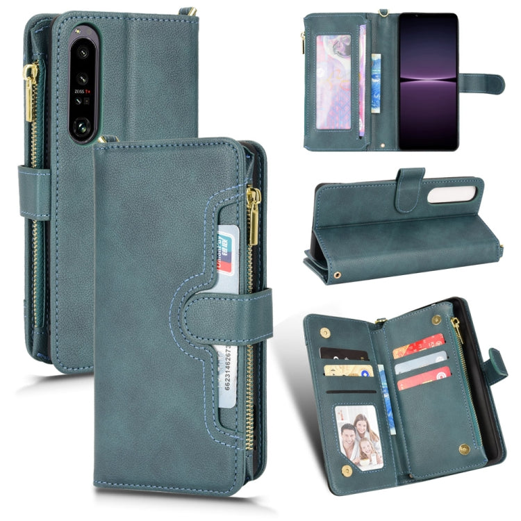 Teal litchi-textured zipper leather phone wallet case with card slots