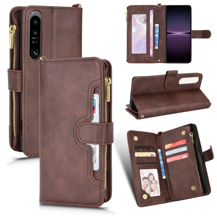 Brown litchi-textured zipper leather phone wallet case with card slots