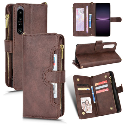 Brown litchi-textured zipper leather phone wallet case with card slots