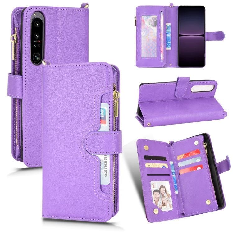 Purple litchi-textured zipper leather phone wallet case with card slots