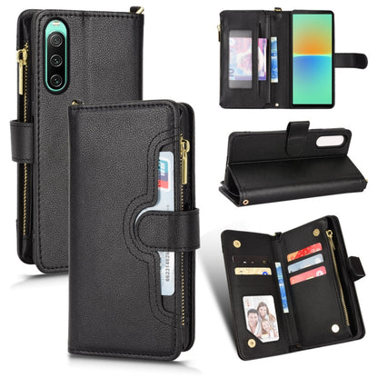 Black litchi-texture leather wallet phone case with zipper, card slots, and stand