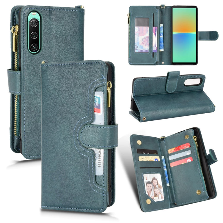 Teal litchi-texture leather wallet phone case with zipper, card slots, and stand