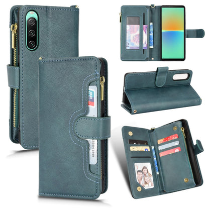 Teal litchi-texture leather wallet phone case with zipper, card slots, and stand
