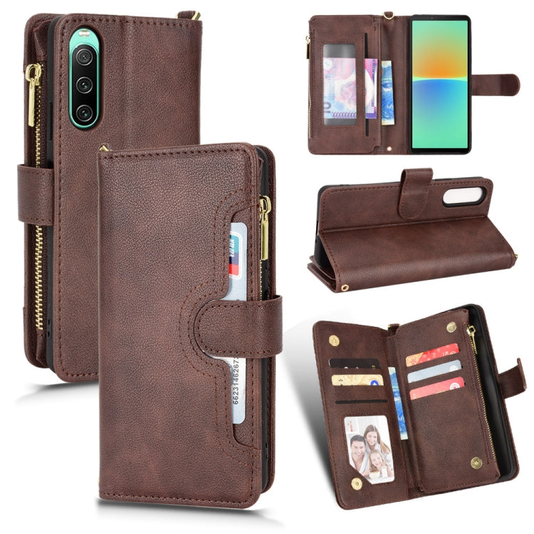 Brown litchi-texture leather wallet phone case with zipper, card slots, and stand