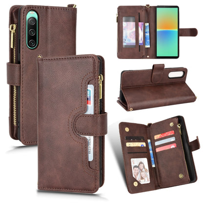Brown litchi-texture leather wallet phone case with zipper, card slots, and stand