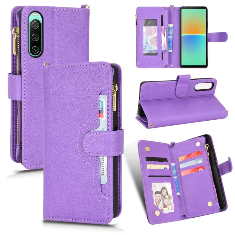 Purple litchi-texture leather wallet phone case with zipper, card slots, and stand