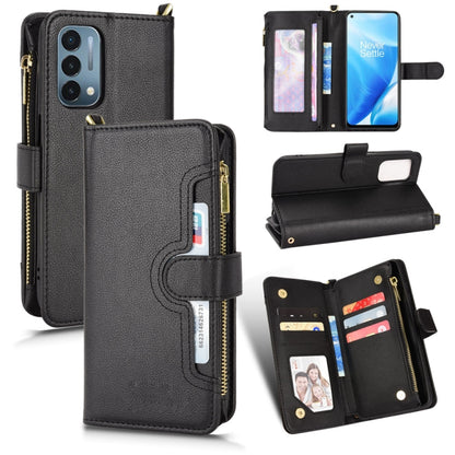 Black litchi-texture zipper wallet phone case with card slots and magnetic stand