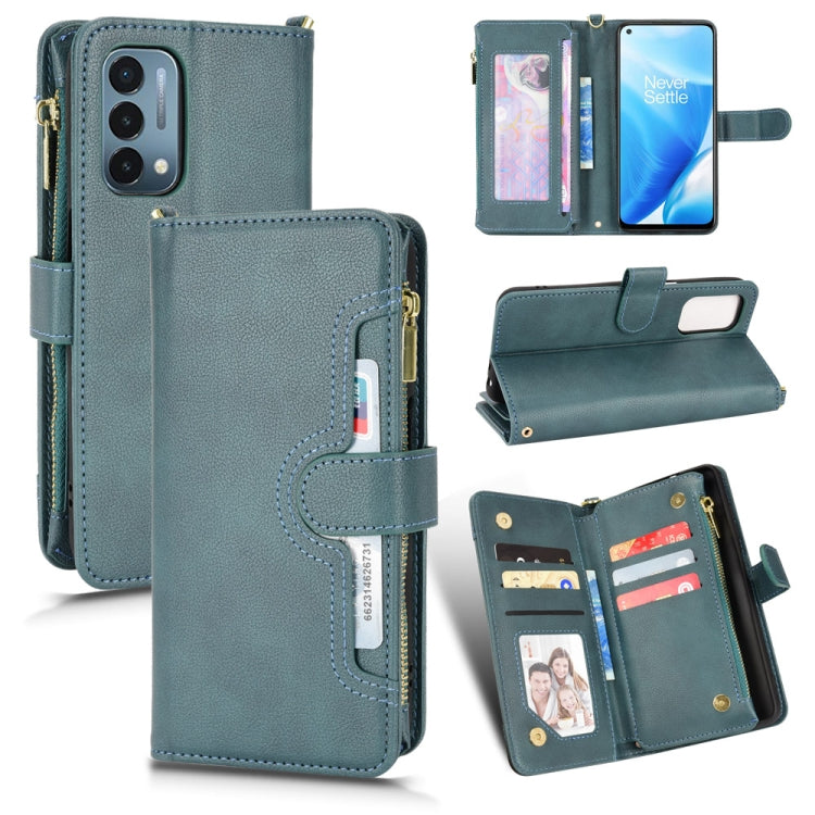 Teal litchi-texture zipper wallet phone case with card slots and magnetic stand