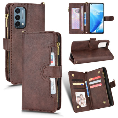 Brown litchi-texture zipper wallet phone case with card slots and magnetic stand