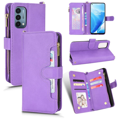 Purple litchi-texture zipper wallet phone case with card slots and magnetic stand