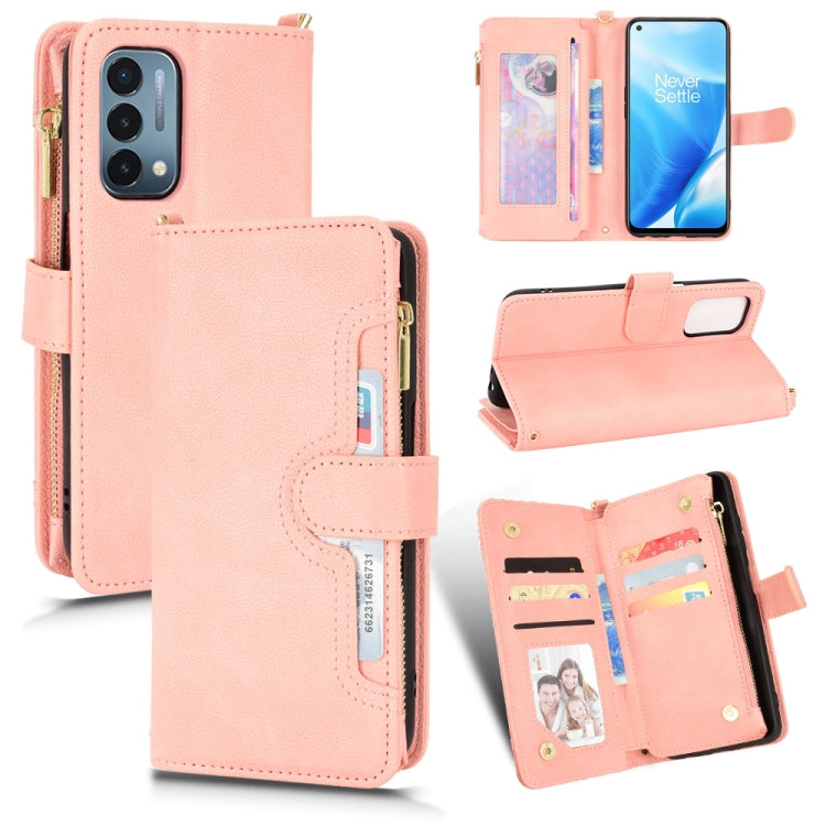 Pink litchi texture leather phone case with zipper, card slots, and kickstand cover