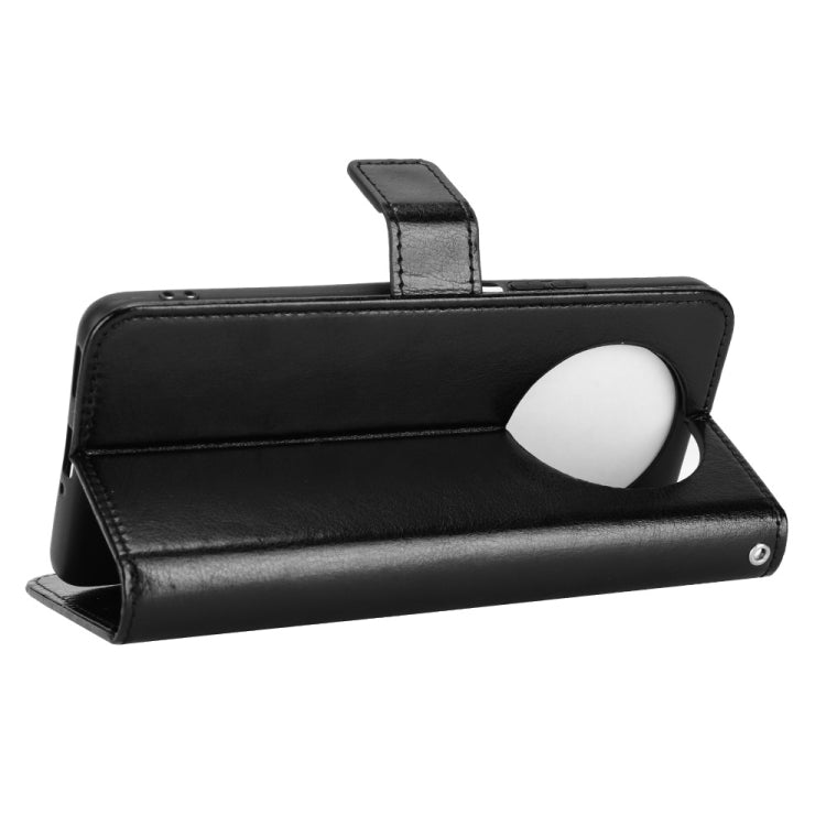 Black crazy horse texture flip phone leather case with stand view and circular cutout