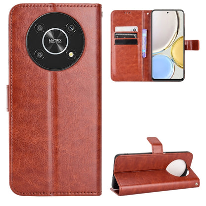 Brown crazy horse texture flip phone leather case with circular camera cutout and strap