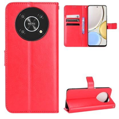 Red crazy horse texture flip phone leather case with circular camera cutout and card slots