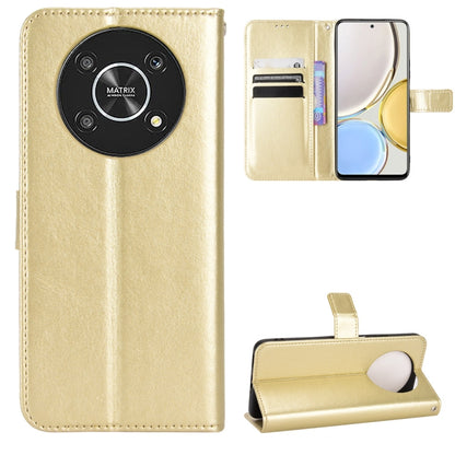 Gold crazy horse texture flip phone leather case with circular camera cutout and card slots