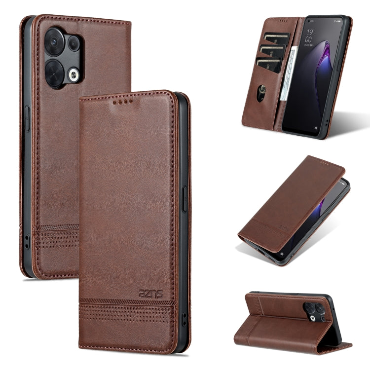 Dark brown magnetic flip phone case with textured leather finish and phone-camera cutouts.