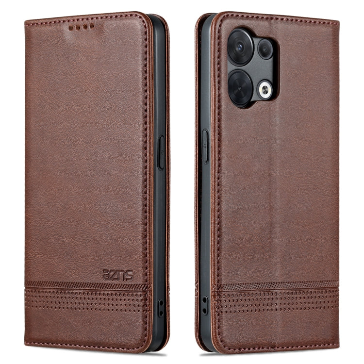 Dark brown flip phone case, textured leather look with stitched edge and camera openings.