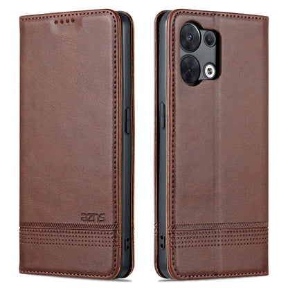 Dark brown flip phone case, textured leather look with stitched edge and camera openings.
