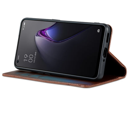 Dark brown magnetic flip phone case in stand mode with phone screen facing up.