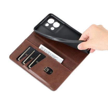 Dark brown magnetic flip phone case interior with card slots, cash pocket, and coin holder.