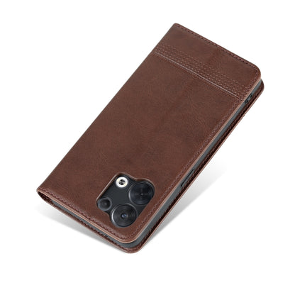 Dark brown magnetic flip phone case back with camera cutouts and stitched border.